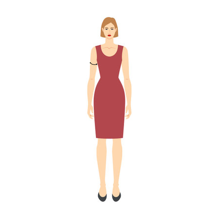 Women to do biceps measurement body with arrows fashion Illustration for size chart. Flat female character front 8 head size girl in burgundy dress. Human lady infographic template for clothesのイラスト素材