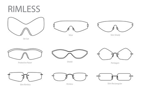 Set of Rimless frame glasses fashion accessory illustration. Sunglass front view for Men, women, unisex silhouette style, flat rim spectacles eyeglasses, lens sketch style outline isolated on whiteのイラスト素材