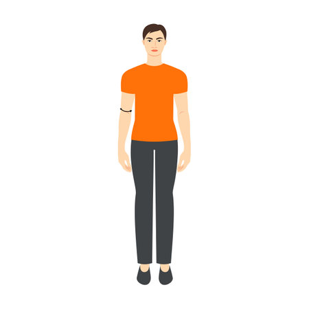 Men to do elbow measurement body with arrows fashion Illustration for size chart. Flat male character front 8 head size boy in orange shirt. Human gentlemen infographic template for clothesのイラスト素材