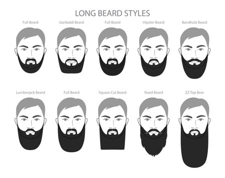 Set of Long Beard and mustache with name text style men face illustration Facial hair. Vector black grey portrait male Fashion template flat barber collection. Stylish hairstyle isolated on whiteのイラスト素材