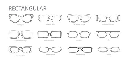 Set of Rectangular frame glasses fashion accessory illustration. Sunglass front view for Men, women, unisex silhouette style, flat rim spectacles eyeglasses with lens sketch style outline isolatedのイラスト素材