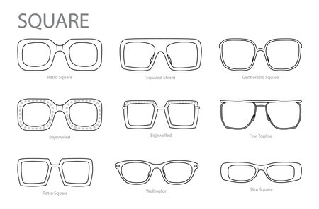Set of Square frame glasses fashion accessory illustration. Sunglass front view for Men, women, unisex silhouette style, flat rim spectacles eyeglasses with lens sketch style outline isolated on whiteのイラスト素材