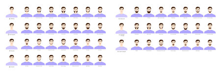 Set of Beard style for every face shape and mustache men illustration Facial hair. Vector black purple portrait male Fashion template flat barber collection. Stylish hairstyle isolated outlineのイラスト素材