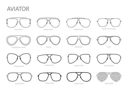 Set of Aviator frame glasses fashion accessory illustration. Sunglass front view for Men, women, unisex silhouette style, flat rim spectacles eyeglasses with lens sketch style outline isolatedのイラスト素材