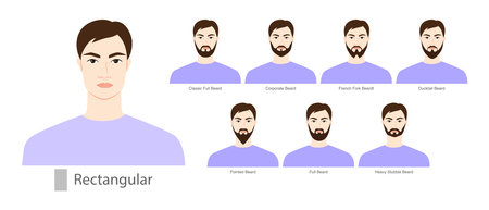 Set of Beard style for Rectangular face shape and mustache men illustration Facial hair. Vector black purple portrait male Fashion template flat barber collection. Stylish hairstyle isolated outlineのイラスト素材