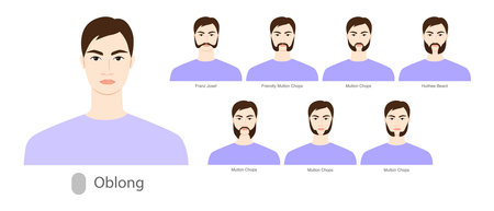 Set of Beard style for Oblong face shape and mustache men illustration Facial hair. Vector black purple portrait male Fashion template flat barber collection. Stylish hairstyle isolated outlineのイラスト素材
