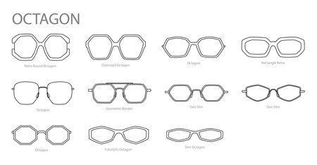 Set of Octagon frame glasses fashion accessory illustration. Sunglass front view for Men, women, unisex silhouette style, flat rim spectacles eyeglasses with lens sketch style outline isolatedのイラスト素材