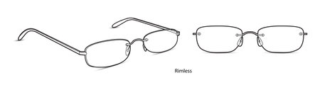 Rimless frame glasses fashion accessory illustration. Sunglass front and 3-4 view for Men, women, unisex silhouette style, flat rim spectacles eyeglasses with lens sketch outline isolated on whiteのイラスト素材