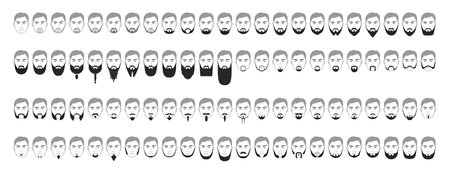 Set of Beard style men face illustration Facial hair. Vector black grey portrait male Fashion template flat barber collection set. Stylish hairstyle isolated outline on white background.のイラスト素材