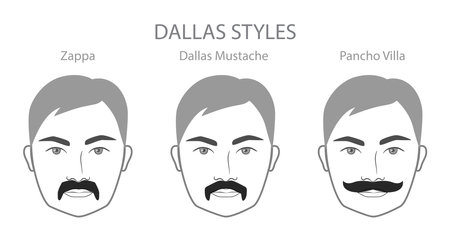 Set of Dallas Beard and mustache with name text style men face illustration Facial hair. Vector black grey portrait male Fashion template flat barber collection. Stylish hairstyle isolated outlineのイラスト素材