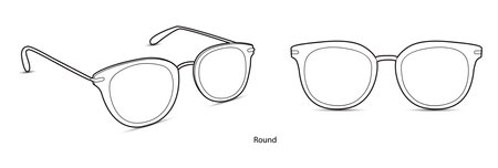 Round frame glasses fashion accessory illustration. Sunglass front and 3-4 view for Men, women, unisex silhouette style, flat rim spectacles eyeglasses with lens sketch outline isolated on whiteのイラスト素材