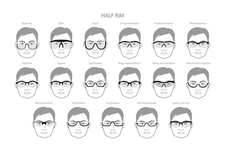 Set of Half Rim frame glasses on men face character fashion accessory illustration. Sunglass front view unisex silhouette style, rim spectacles eyeglasses, lens sketch style outline isolated on whiteのイラスト素材