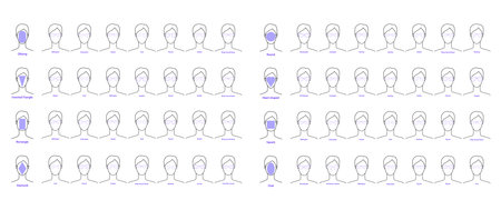 Set of types of glasses for Women - square, oblong, rectangular, round, diamond, inverted triangle, heart, oval eight type faces fashion accessory illustration. Sunglass unisex style, flat eyeglassesのイラスト素材