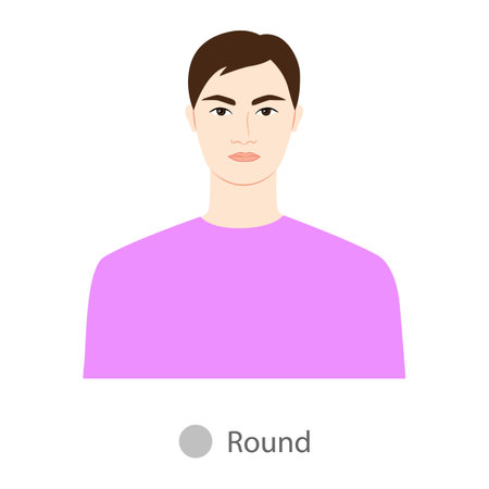 Men face round shape type with text diagram. Male Vector illustration in cartoon style in the magenta shirt 9 head size Gentlemen front view. Vector outline boy for fashion sketchingのイラスト素材