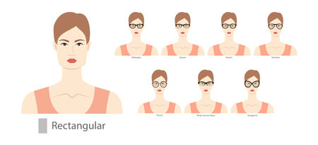 Set of types of glasses for Women rectangular type faces fashion accessory illustration. Sunglass front view unisex silhouette style, flat rim spectacles eyeglasses, lens sketch style outline isolatedのイラスト素材
