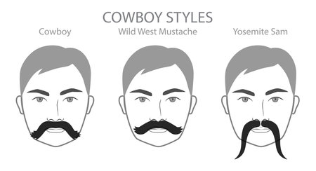Set of Cowboy Beard and mustache with name text style men face illustration Facial hair. Vector black grey portrait male Fashion template flat barber collection. Stylish hairstyle isolated outlineのイラスト素材