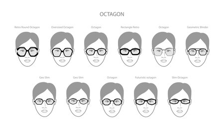 Set of Octagon frame glasses on women face character fashion accessory illustration. Sunglass front view unisex silhouette style, flat rim spectacles eyeglasses with lens sketch style outline isolatedのイラスト素材