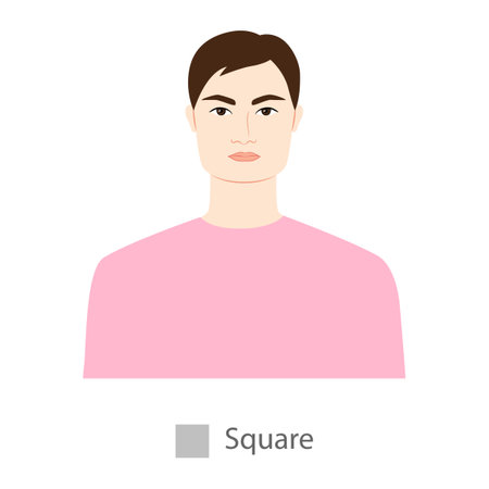 Men face square shape type with text diagram. Male Vector illustration in cartoon style in the pink shirt 9 head size Gentlemen front view. Vector outline boy for fashion sketchingのイラスト素材