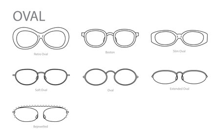 Set of Oval frame glasses fashion accessory illustration. Sunglass front view for Men, women, unisex silhouette style, flat rim spectacles eyeglasses with lens sketch style outline isolated on whiteのイラスト素材