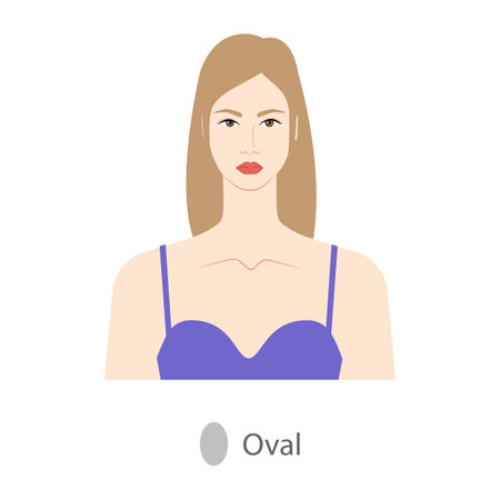 Women face oval shape type with text diagram. Female Vector illustration in cartoon style in the purple dress 9 head size lady front view. Vector outline girl for fashion sketchingのイラスト素材
