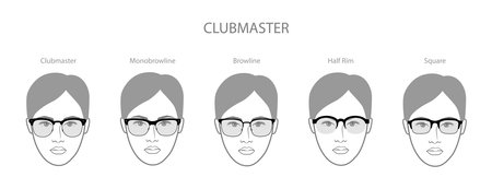 Set of Browline frame glasses on women face character fashion accessory illustration. Sunglass front view unisex silhouette style, flat rim spectacles eyeglasses, lens sketch style outline isolatedのイラスト素材