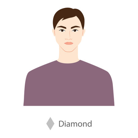 Men face diamond shape type with text diagram. Male Vector illustration in cartoon style in the purple shirt 9 head size Gentlemen front view. Vector outline boy for fashion sketchingのイラスト素材
