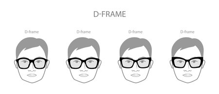 Set of D-frame frame glasses on men face character fashion accessory illustration. Sunglass front view unisex silhouette style, flat rim spectacles eyeglasses, sketch style outline isolated on whiteのイラスト素材