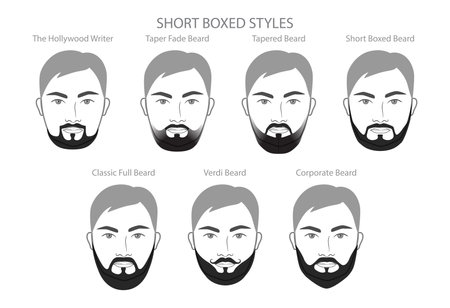 Set of Short Boxed Beard and mustache, name text style men face illustration Facial hair. Vector black grey portrait male Fashion template flat barber collection. Stylish hairstyle isolated outlineのイラスト素材