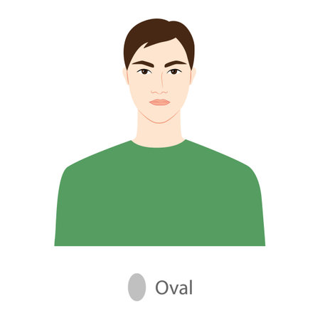 Men face oval shape type with text diagram in the green shirt. Male Vector illustration in cartoon style 9 head size Gentlemen front view. Vector outline boy for fashion sketchingのイラスト素材