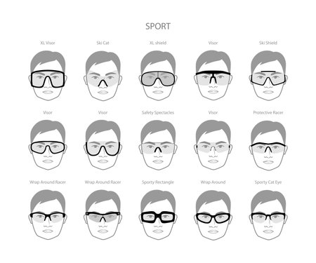 Set of Sport frame glasses on men face character fashion accessory illustration. Sunglass front view unisex silhouette style, rim spectacles eyeglasses with lens sketch style outline isolated on whiteのイラスト素材