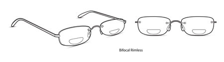 Bifocal Rimless frame glasses fashion accessory illustration. Sunglass front and 3-4 view for Men, women, unisex silhouette style, flat rim spectacles eyeglasses with lens sketch outline isolatedのイラスト素材