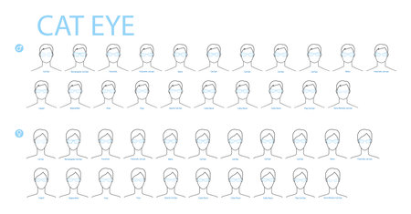 Set of Cat Eye glasses frame glasses fashion accessory illustration. Sunglass front view for Men, women, unisex silhouette style, flat rim spectacles eyeglasses with lens sketch style outline isolatedのイラスト素材