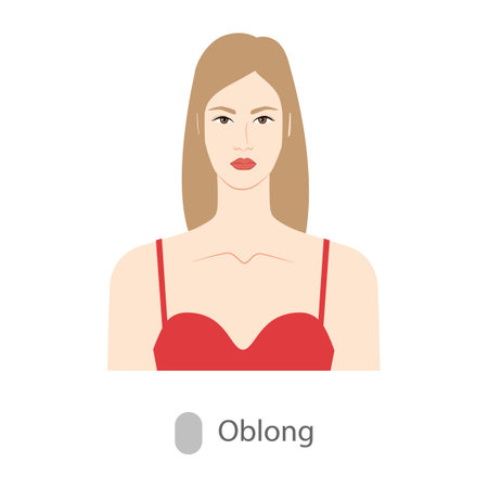 Women face oblong shape type with text diagram. Female Vector illustration in cartoon style in the red dress 9 head size lady front view. Vector outline girl for fashion sketchingのイラスト素材