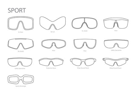 Set of Sport frame glasses fashion accessory illustration. Sunglass front view for Men, women, unisex silhouette style, flat rim spectacles eyeglasses with lens sketch style outline isolated on whiteのイラスト素材