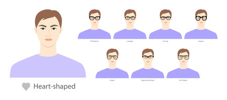 Set of types of glasses for Men heart type faces fashion accessory illustration. Sunglass front view unisex silhouette style, flat rim spectacles eyeglasses, lens sketch style outline isolatedのイラスト素材