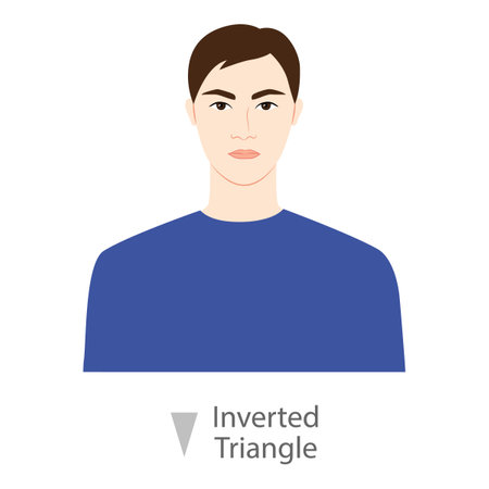 Men face inverted triangle shape type with text diagram. Male Vector illustration in cartoon style in the blue shirt 9 head size Gentlemen front view. Vector outline boy for fashion sketchingのイラスト素材