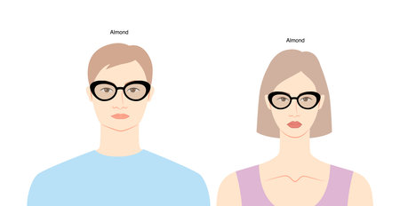 Almond frame glasses on women and men flat character fashion accessory illustration. Sunglass front view silhouette style, spectacles eyeglasses with lens sketch outline isolated on white backgroundのイラスト素材