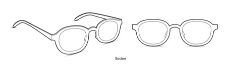 Boston frame glasses fashion accessory illustration. Sunglass front and 3-4 view for Men, women, unisex silhouette style, flat rim spectacles eyeglasses with lens sketch outline isolated on whiteのイラスト素材