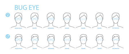 Set of Bug eye frame glasses fashion accessory illustration. Sunglass front view for Men, women, unisex silhouette style, flat rim spectacles eyeglasses, lens sketch style outline isolated on whiteのイラスト素材