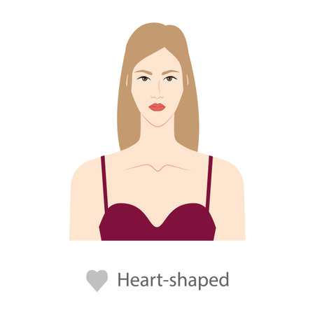 Women face heart shape type with text diagram. Female Vector illustration in cartoon style in the burgundy dress 9 head size lady front view. Vector outline girl for fashion sketchingのイラスト素材