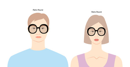 Retro Round frame glasses on women and men flat character fashion accessory illustration. Sunglass front view unisex silhouette style, rim spectacles eyeglasses, sketch style outline isolated on whiteのイラスト素材