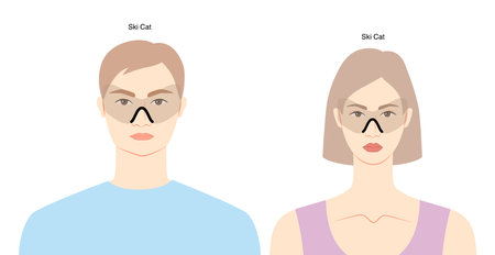 Ski Cat frame glasses on women and men flat character fashion accessory illustration. Sunglass front view unisex silhouette style, spectacles eyeglasses, lens sketch style outline isolated on whiteのイラスト素材
