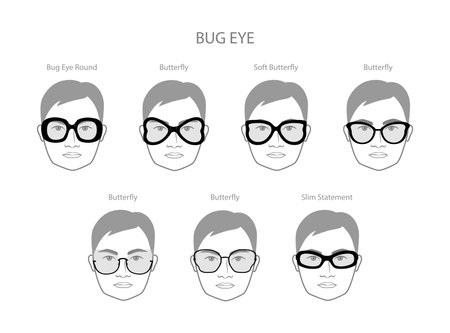 Set of Bug eye frame glasses on men face character fashion accessory illustration. Sunglass front view silhouette style, flat rim spectacles eyeglasses, lens sketch style outline isolated on whiteのイラスト素材