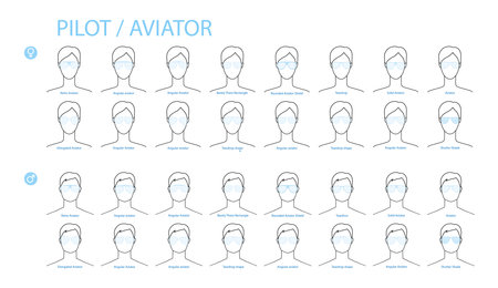 Set of Aviator frame glasses fashion accessory illustration. Sunglass front view for Men, women, unisex silhouette style, flat rim spectacles eyeglasses with lens sketch style outline isolatedのイラスト素材