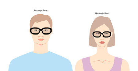 Rectangular retro frame glasses on women and men flat character fashion accessory illustration. Sunglass front view unisex silhouette style, rim spectacles eyeglasses, sketch style outline isolatedのイラスト素材
