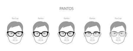 Set of Pantos frame glasses on men face character fashion accessory illustration. Sunglass front view unisex silhouette style, flat rim spectacles eyeglasses with lens style outline isolated on whiteのイラスト素材