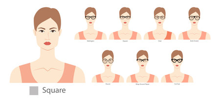 Set of types of glasses for Women square type faces fashion accessory illustration. Sunglass front view unisex silhouette style, flat rim spectacles eyeglasses, lens sketch style outline isolatedのイラスト素材