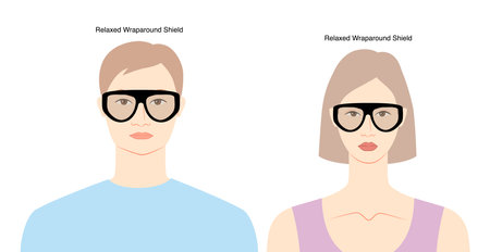 Relaxed Wraparound Shield frame glasses on women and men flat character fashion accessory illustration. Sunglass silhouette style, spectacles eyeglasses, lens sketch style outline isolated on whiteのイラスト素材