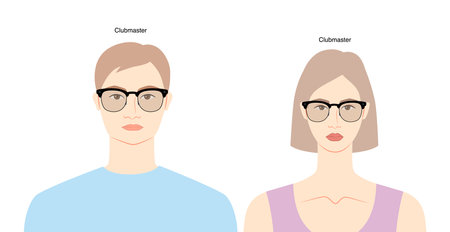 Clubmaster frame glasses on women and men flat character fashion accessory illustration. Sunglass front view unisex silhouette style, rim spectacles eyeglasses, sketch style outline isolated on whiteのイラスト素材