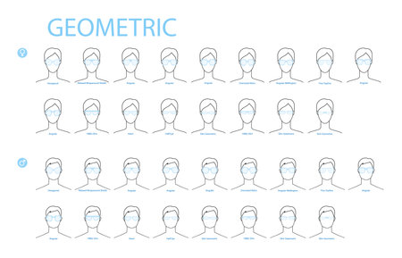 Set of Geometric frame glasses fashion accessory illustration. Sunglass front view for Men, women, unisex silhouette style, flat rim spectacles eyeglasses with lens sketch style outline isolatedのイラスト素材